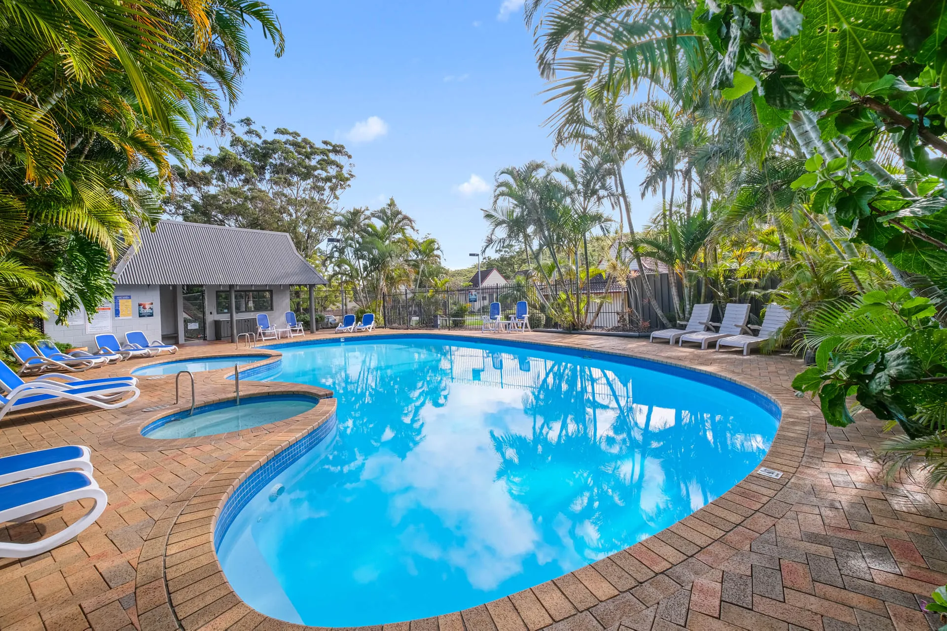 staying-between-elizabeth-beach-and-wallis-lake Pool and spa at Shores Elizabeth Beach self-contained villas, Pacific Palms NSW inside Booti Booti National Park